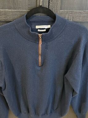 Peter Millar Navy Half-Zip Sweater with Brown Leather Trim